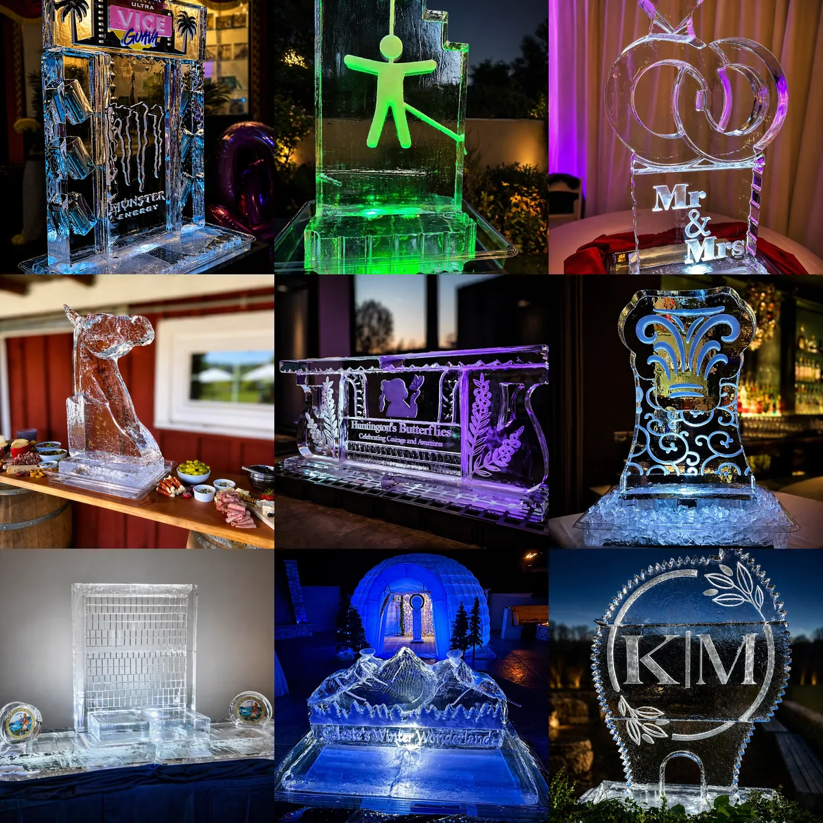 A borderless mosaic of nine Montaire ice creations selected from the 3D Ice Sculptures gallery.