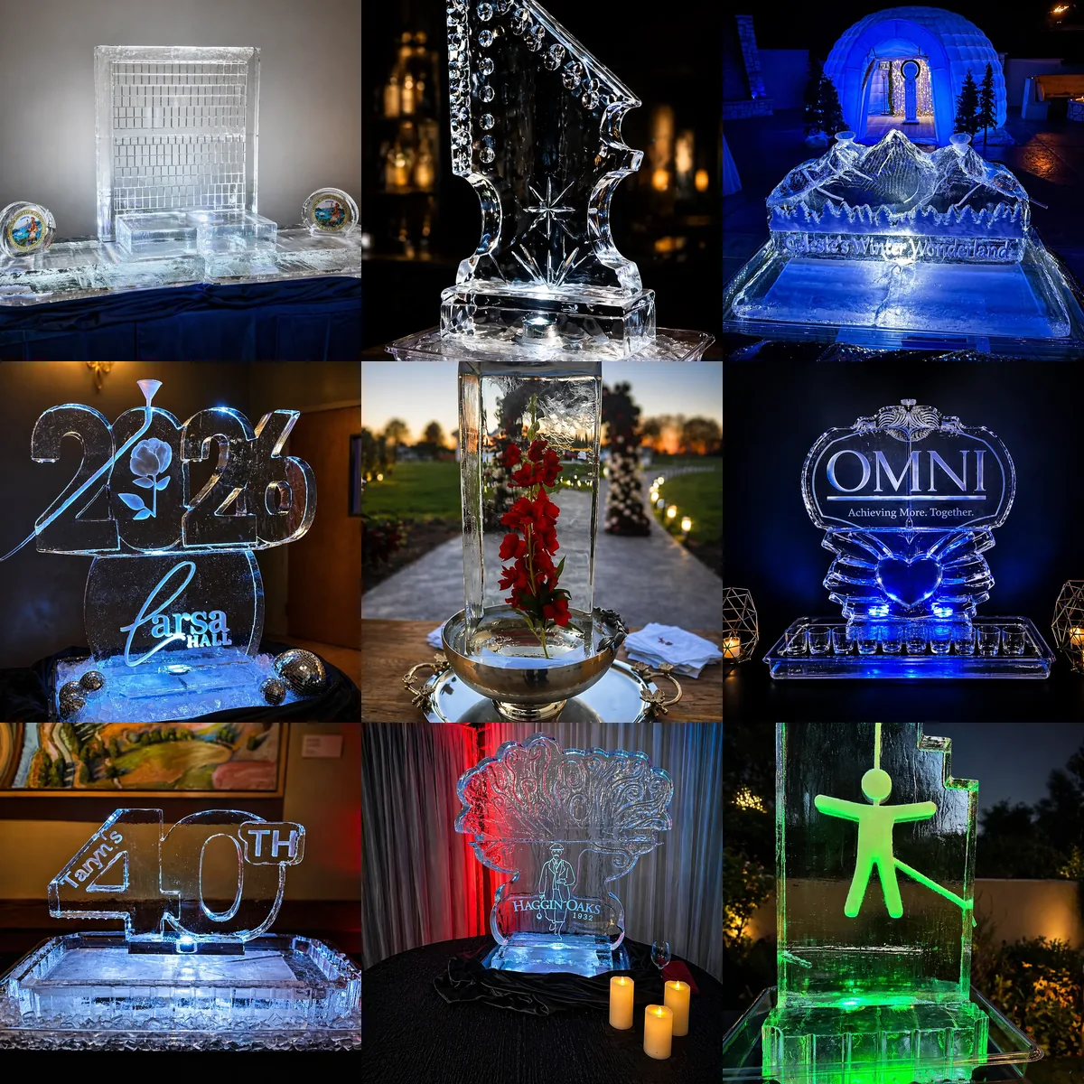 A borderless mosaic of nine Montaire wedding, corporate, gala, food-display, and custom ice creations.