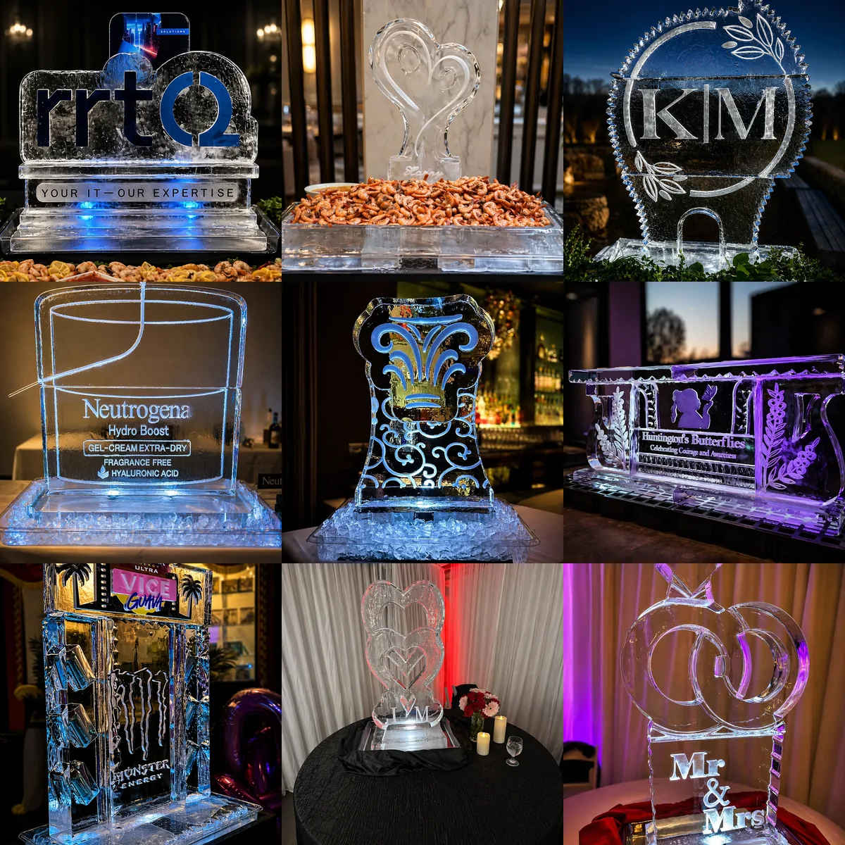 A borderless mosaic of nine Montaire wedding, corporate, gala, food-display, and custom ice creations.