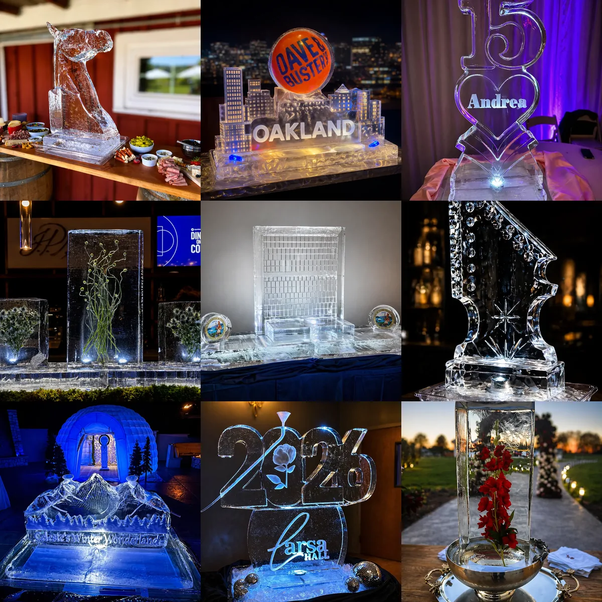 A borderless mosaic of nine Montaire wedding, corporate, gala, food-display, and custom ice creations.