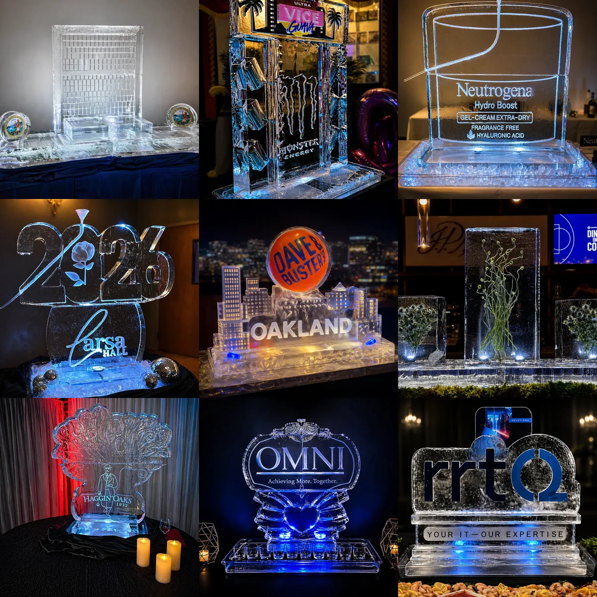 A borderless mosaic of nine Montaire ice creations selected from the Corporate Event Ice Sculptures gallery.