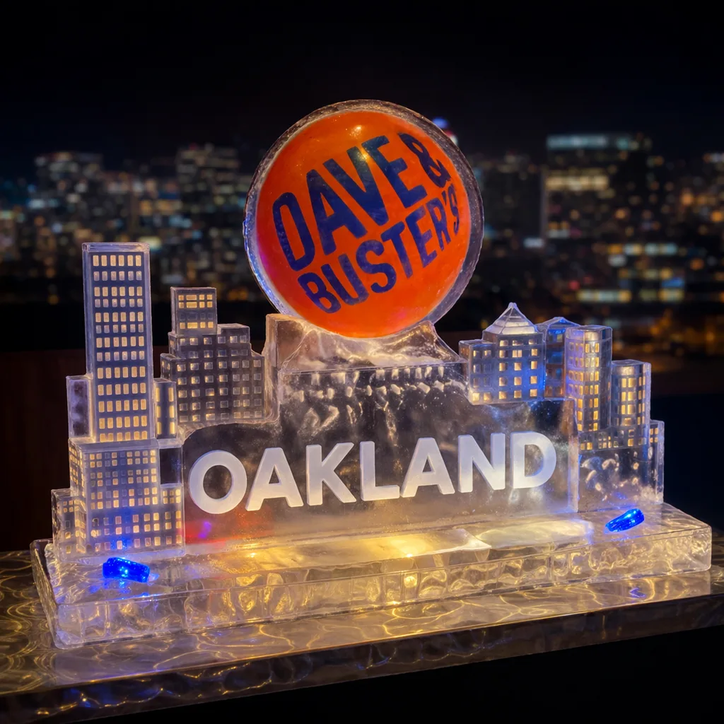Dave & Buster's Oakland skyline ice sculpture with a branded globe topper, blue lighting, and city lights behind it.
