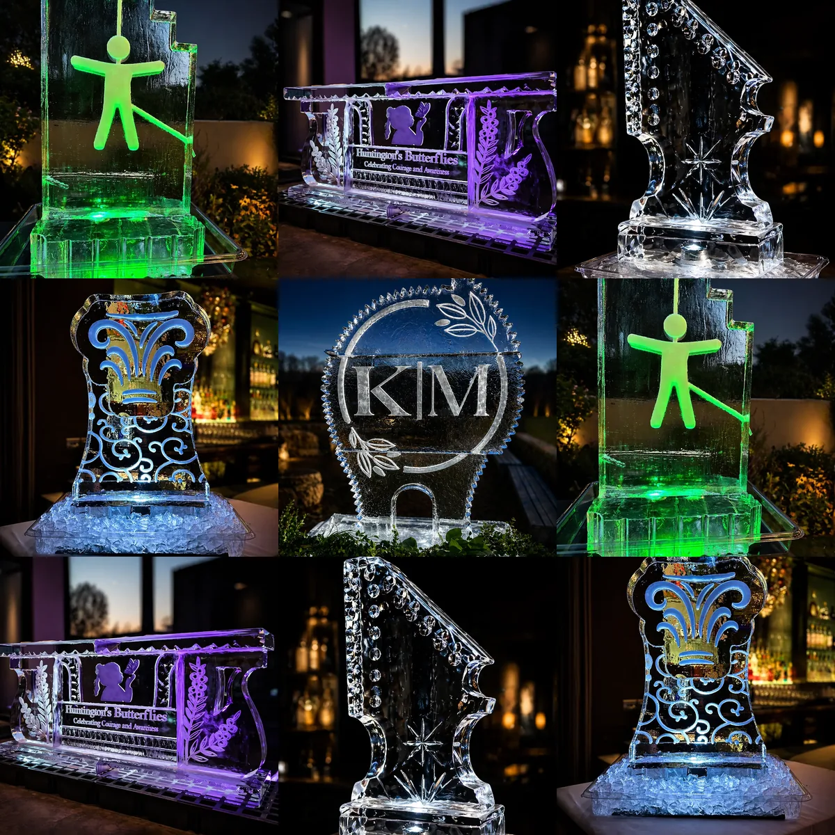 A borderless mosaic of nine Montaire ice creations selected from the Ice Sculptures for Country Clubs & Galas gallery.