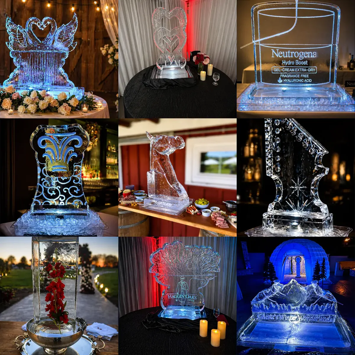 Collage of nine Montaire custom ice creations for weddings, branded events, galas, and private celebrations.