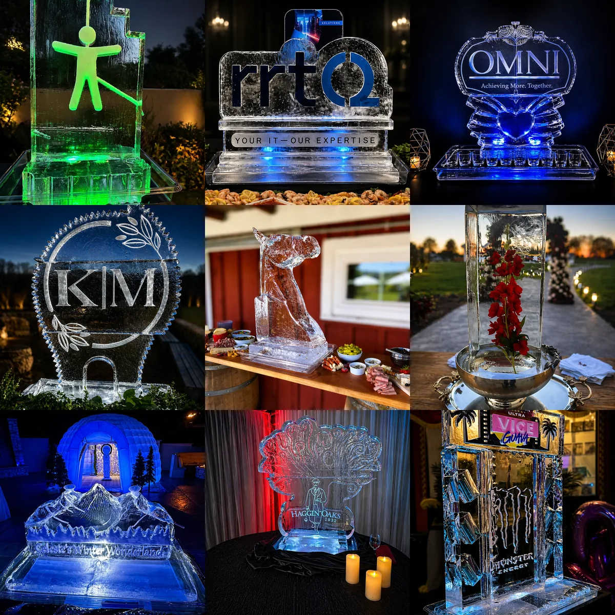 A borderless mosaic of nine Montaire ice creations selected from the Food Display Ice gallery.