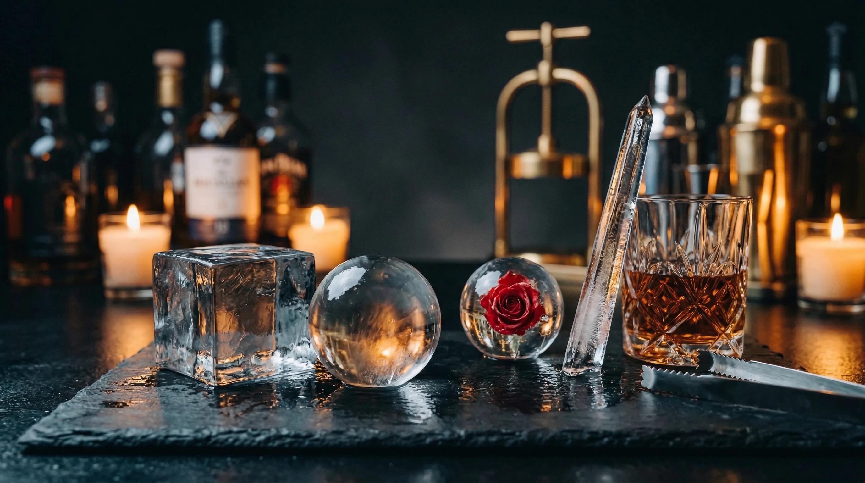 Premium cocktail ice cubes at a luxury event bar