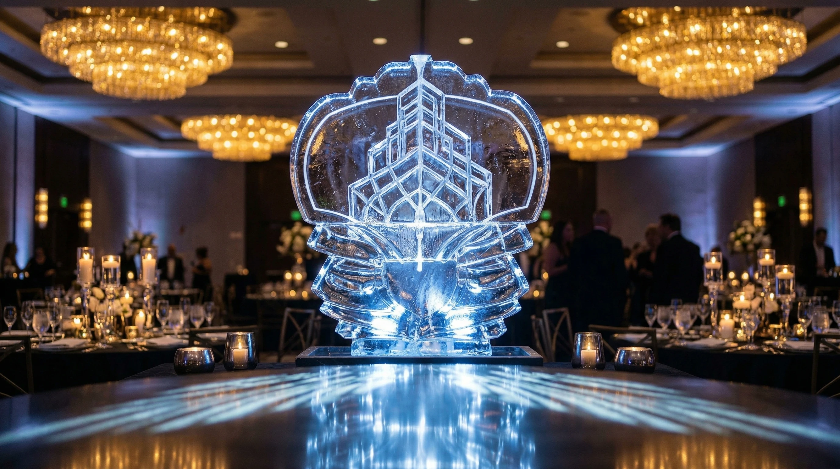 Corporate branded ice sculpture at a luxury event