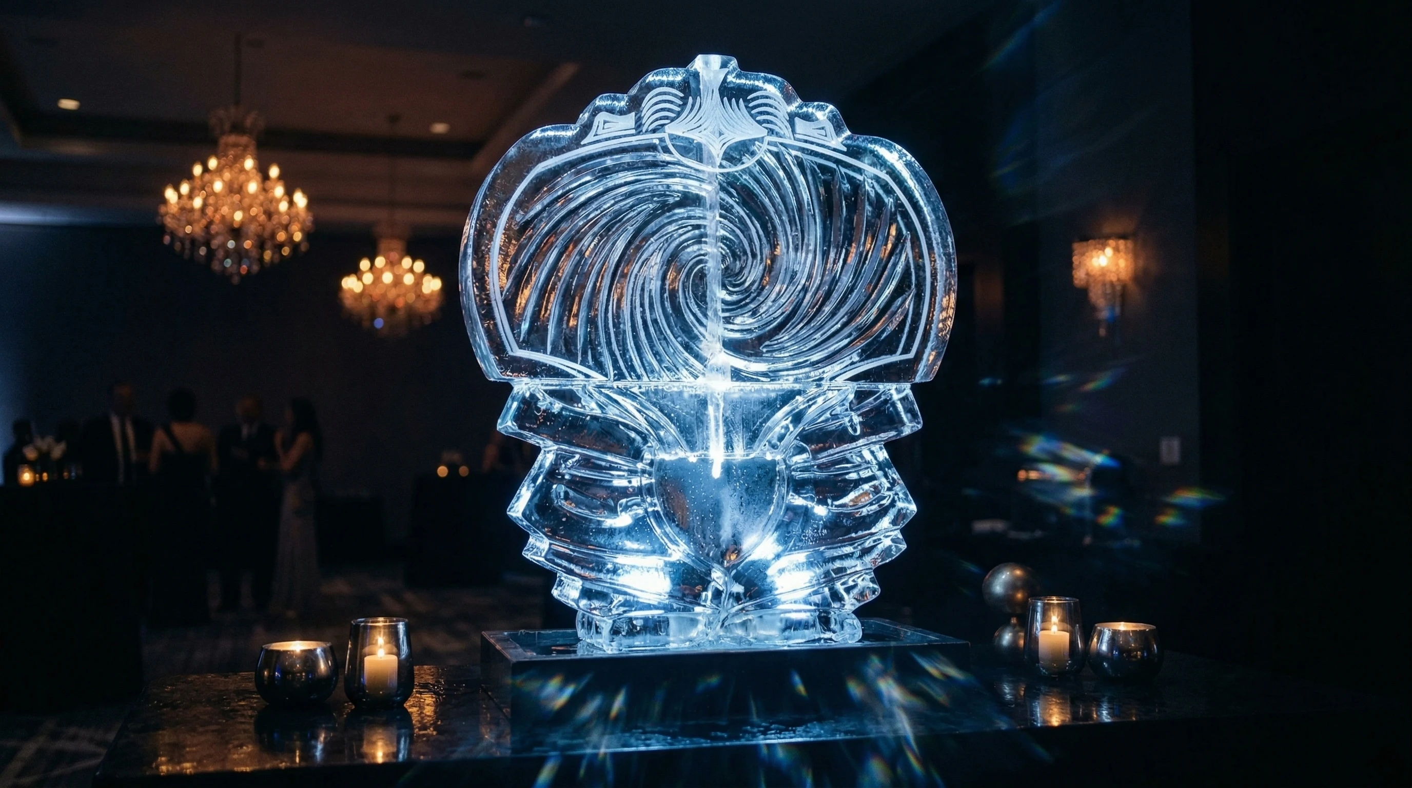 Live ice carving demonstration at a corporate gala with engaged audience
