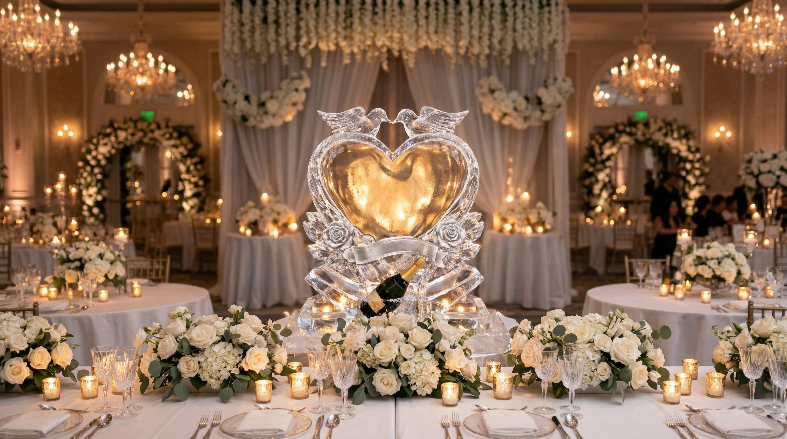 Luxury wedding ice sculpture display at an elegant ballroom reception
