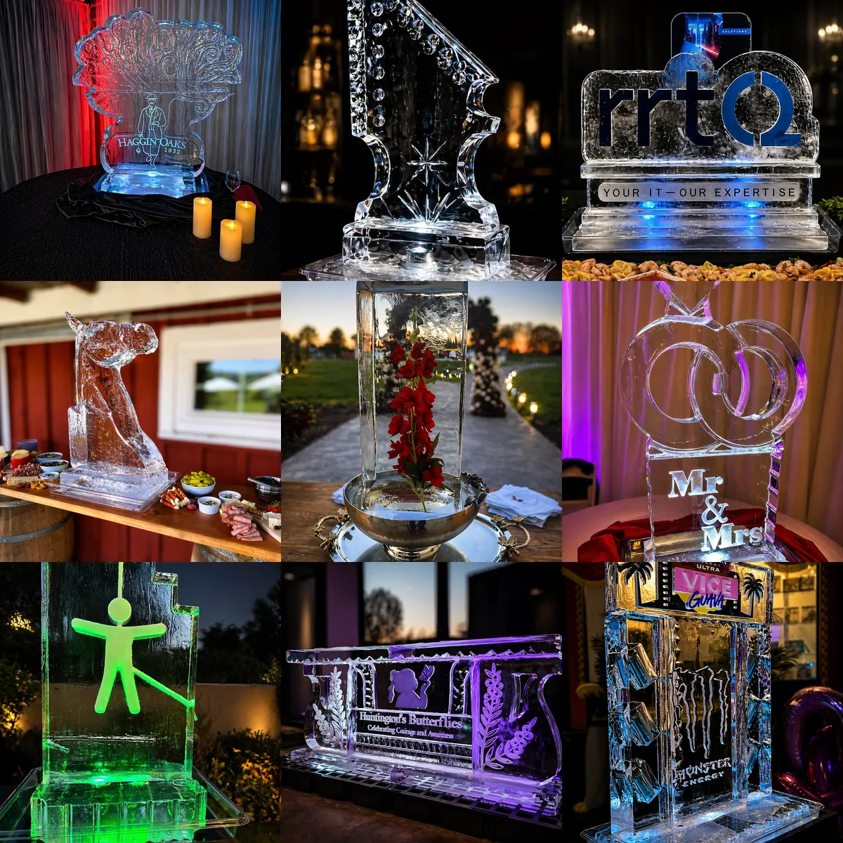 A borderless mosaic of nine Montaire ice creations selected from the Holiday Ice Sculptures gallery.