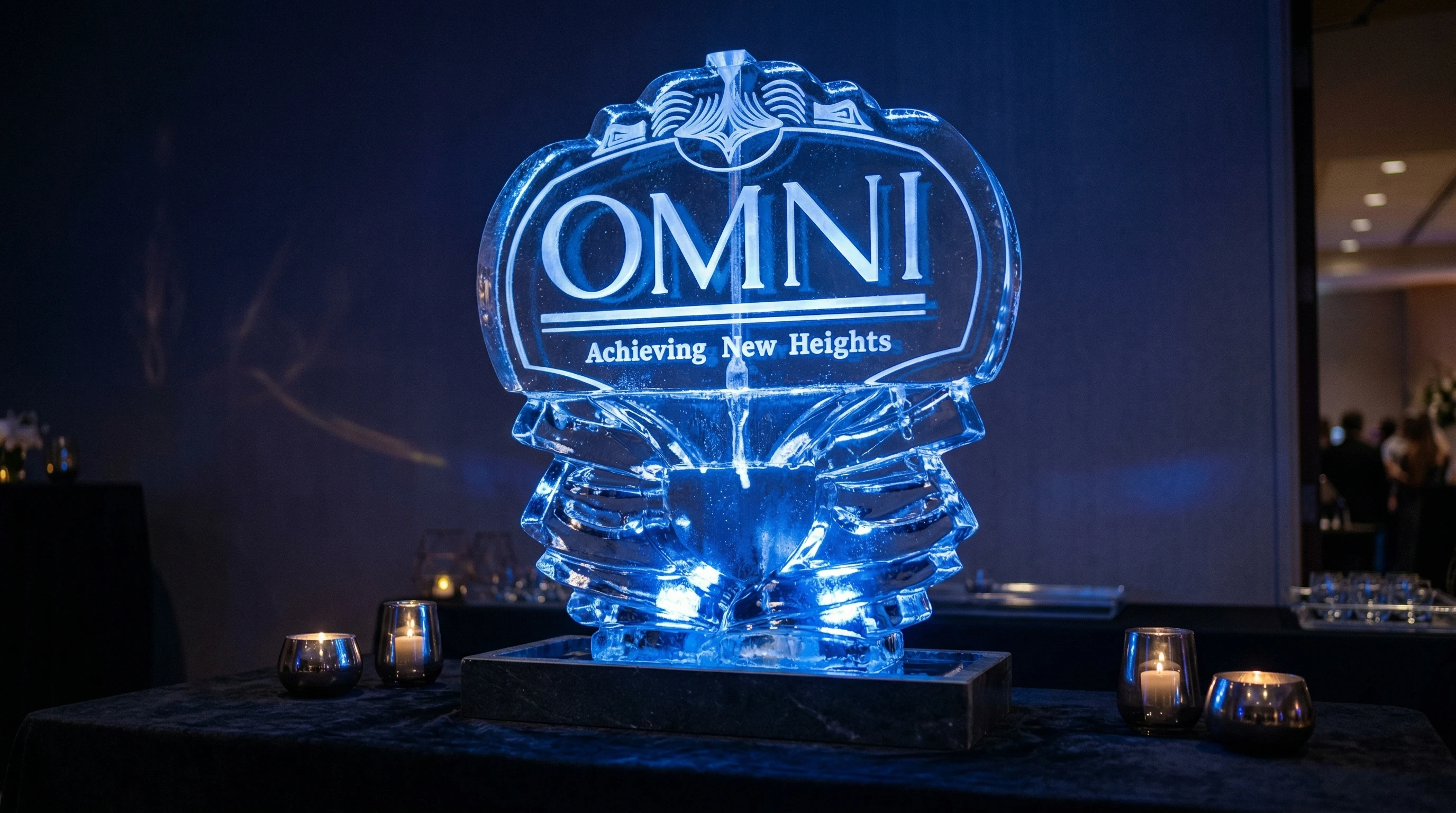 Festive holiday ice sculpture display at an elegant seasonal event