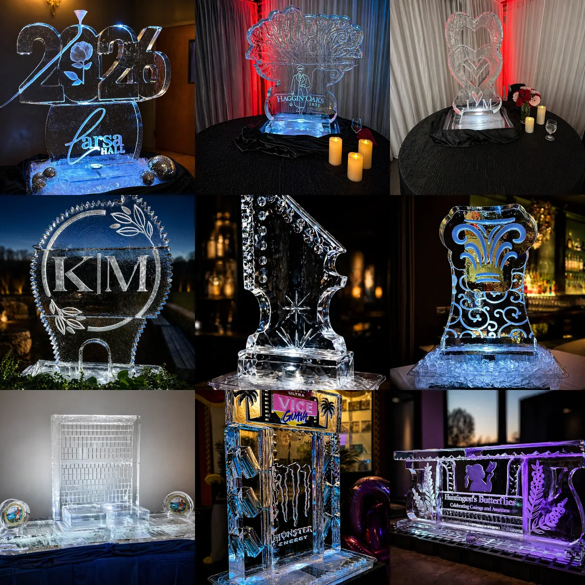 A borderless mosaic of nine Montaire ice creations selected from the Ice Luges gallery.
