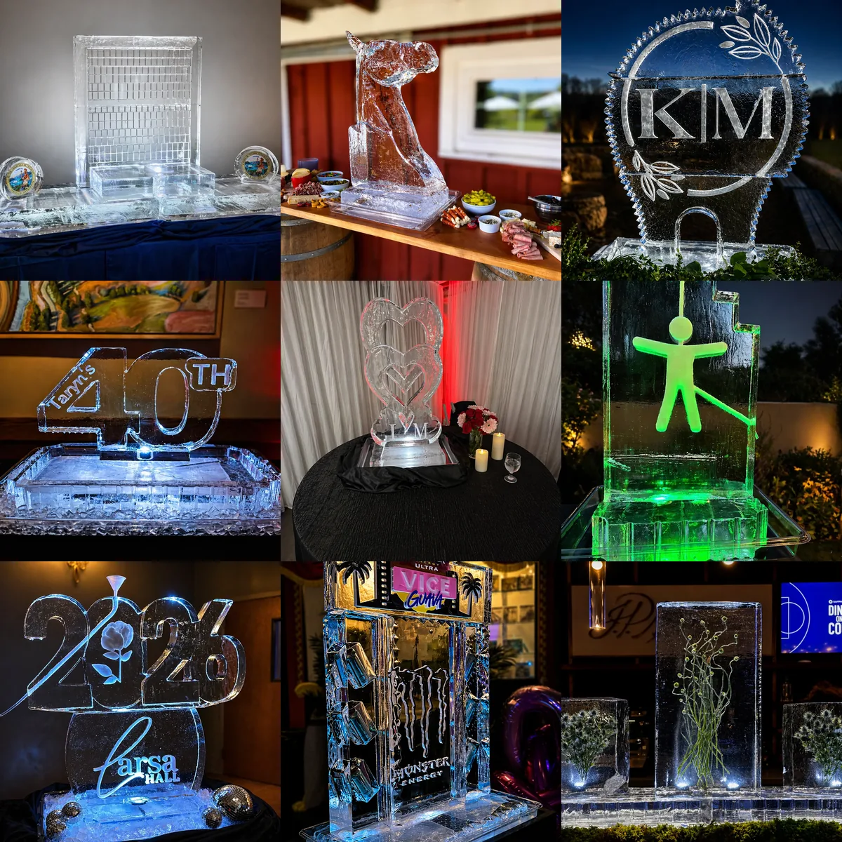 A borderless mosaic of nine Montaire ice creations selected from the Interactive Ice Sculptures gallery.