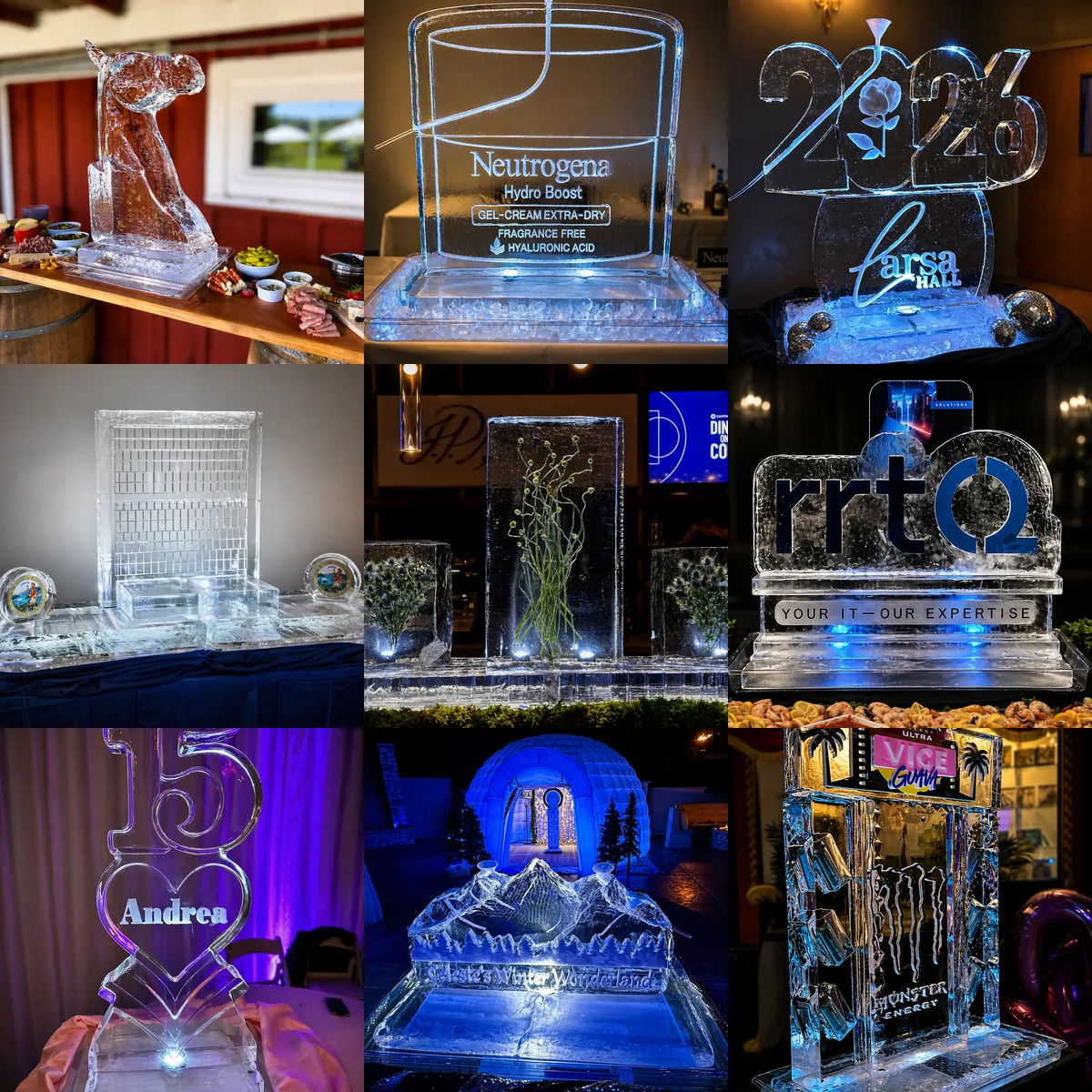 A borderless mosaic of nine Montaire ice creations selected from the Logo Ice Sculptures gallery.