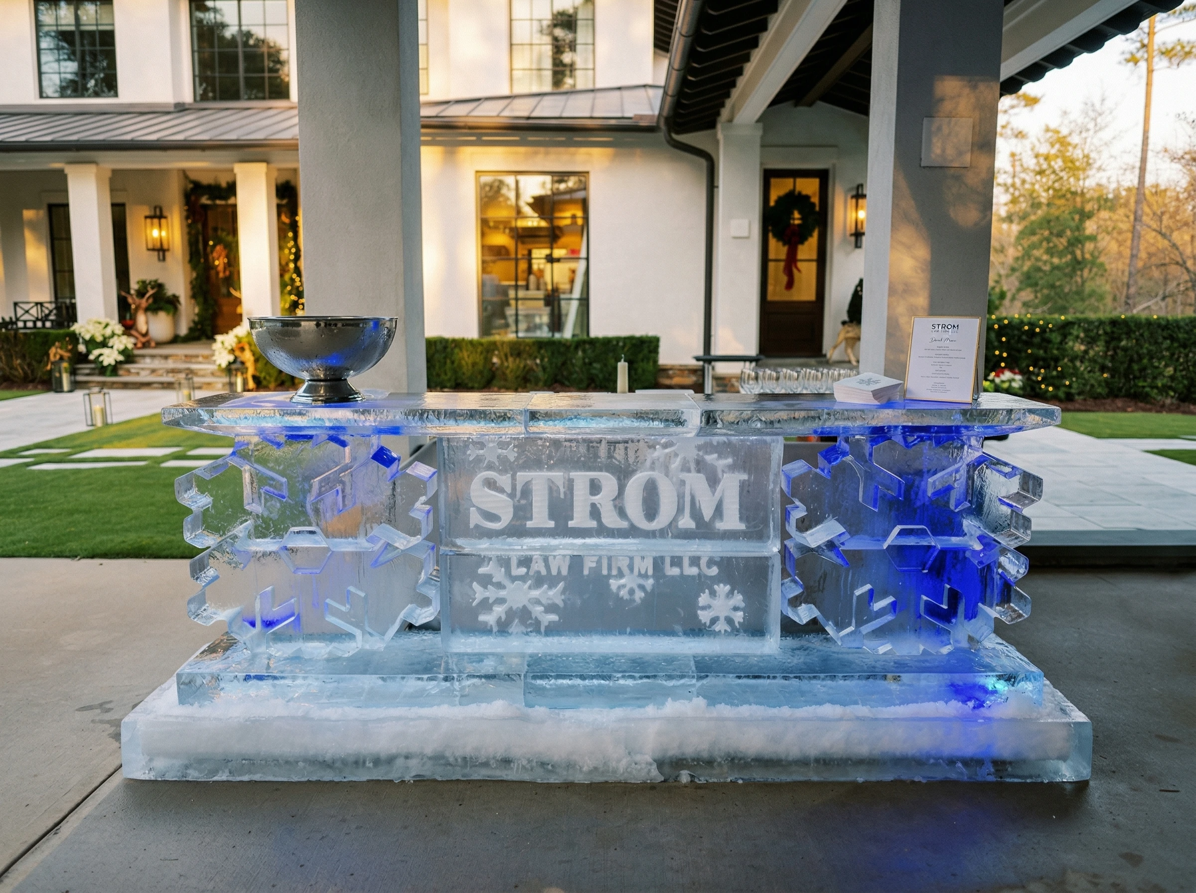 Illuminated ice bar at an upscale gala event with guests gathered around
