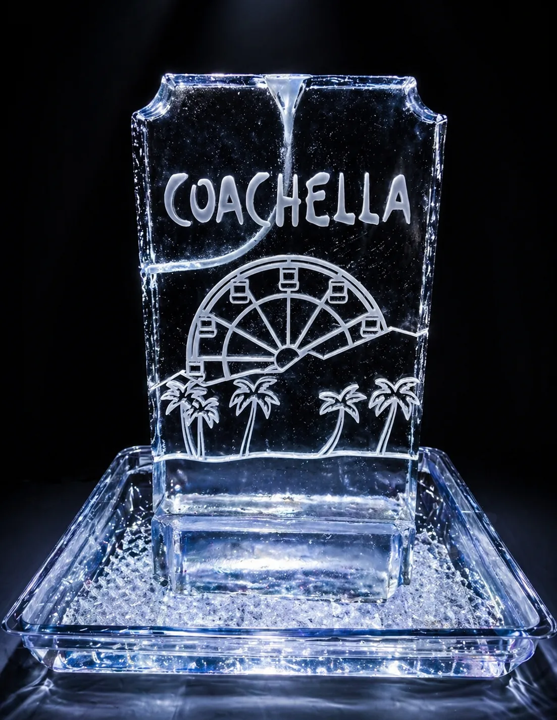 Festival-style Coachella ice display with clear carved details and colorful event lighting.