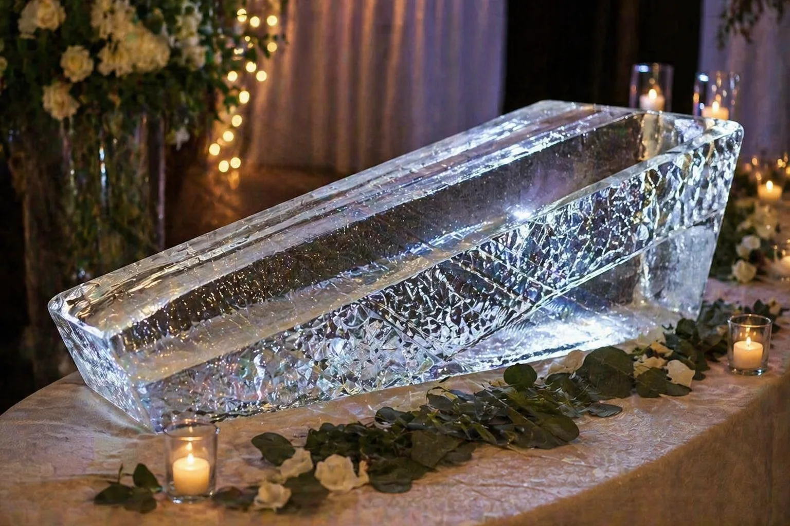 Clear ice luge sculpture with carved drink channels, set up as an interactive serving piece.