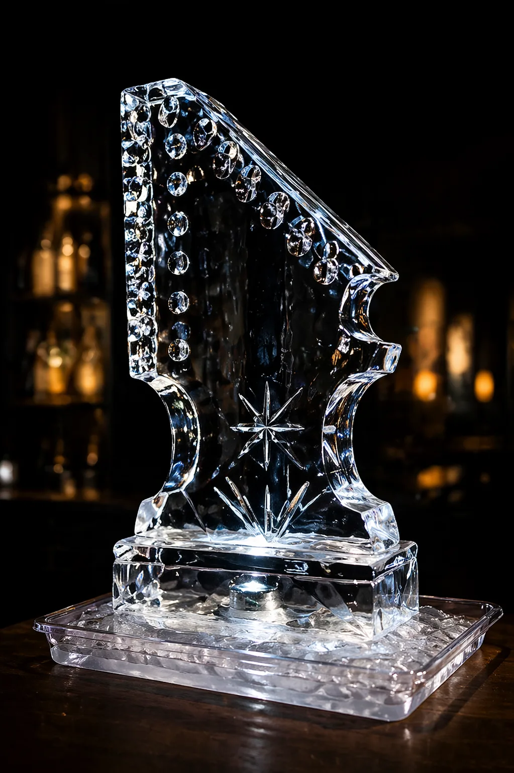 A clear ice sculpture shaped like a single puzzle piece, backlit from below, displayed on a rectangular ice tray against a dark bar background.