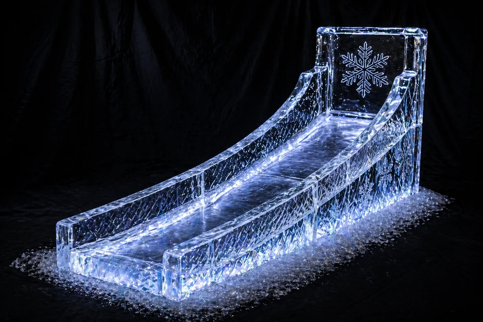 Winter-themed sledding hill ice sculpture with carved snowy details and clear dimensional ice forms.