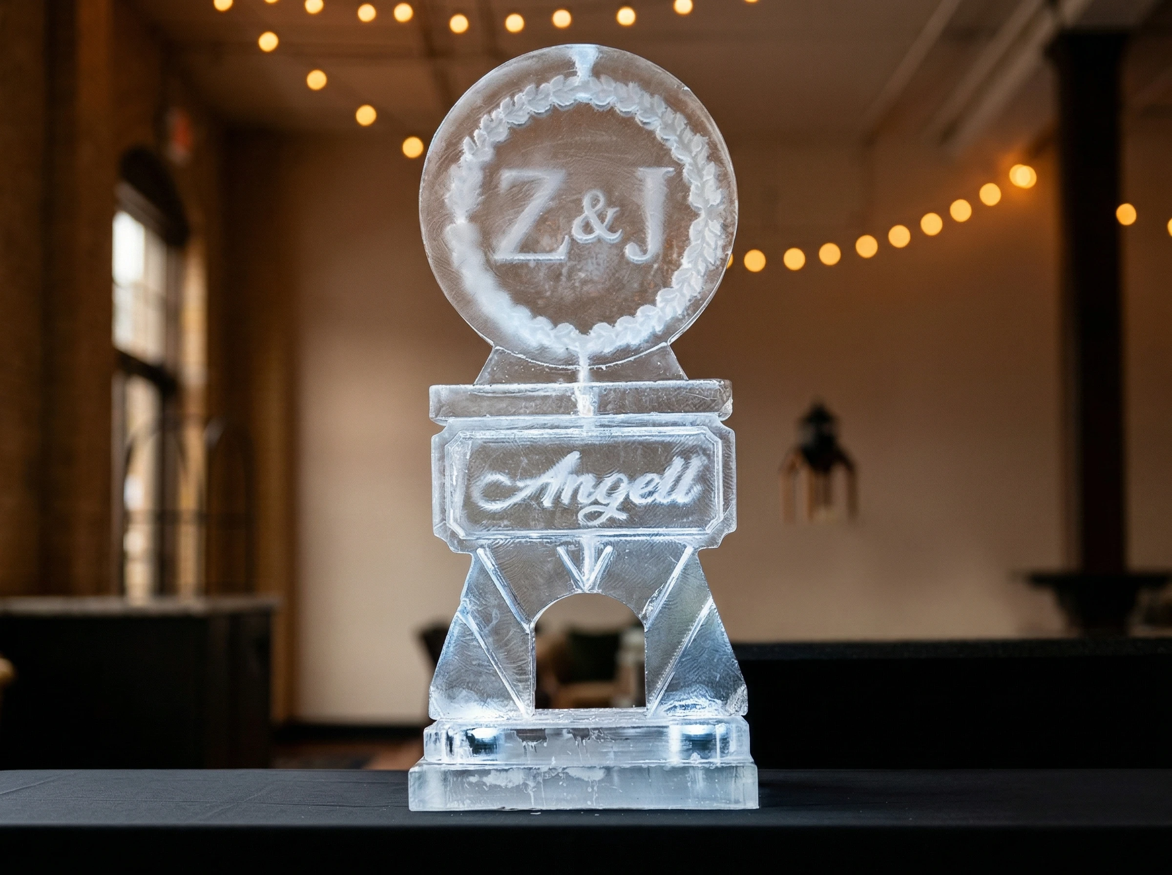 Custom monogram ice sculpture detail