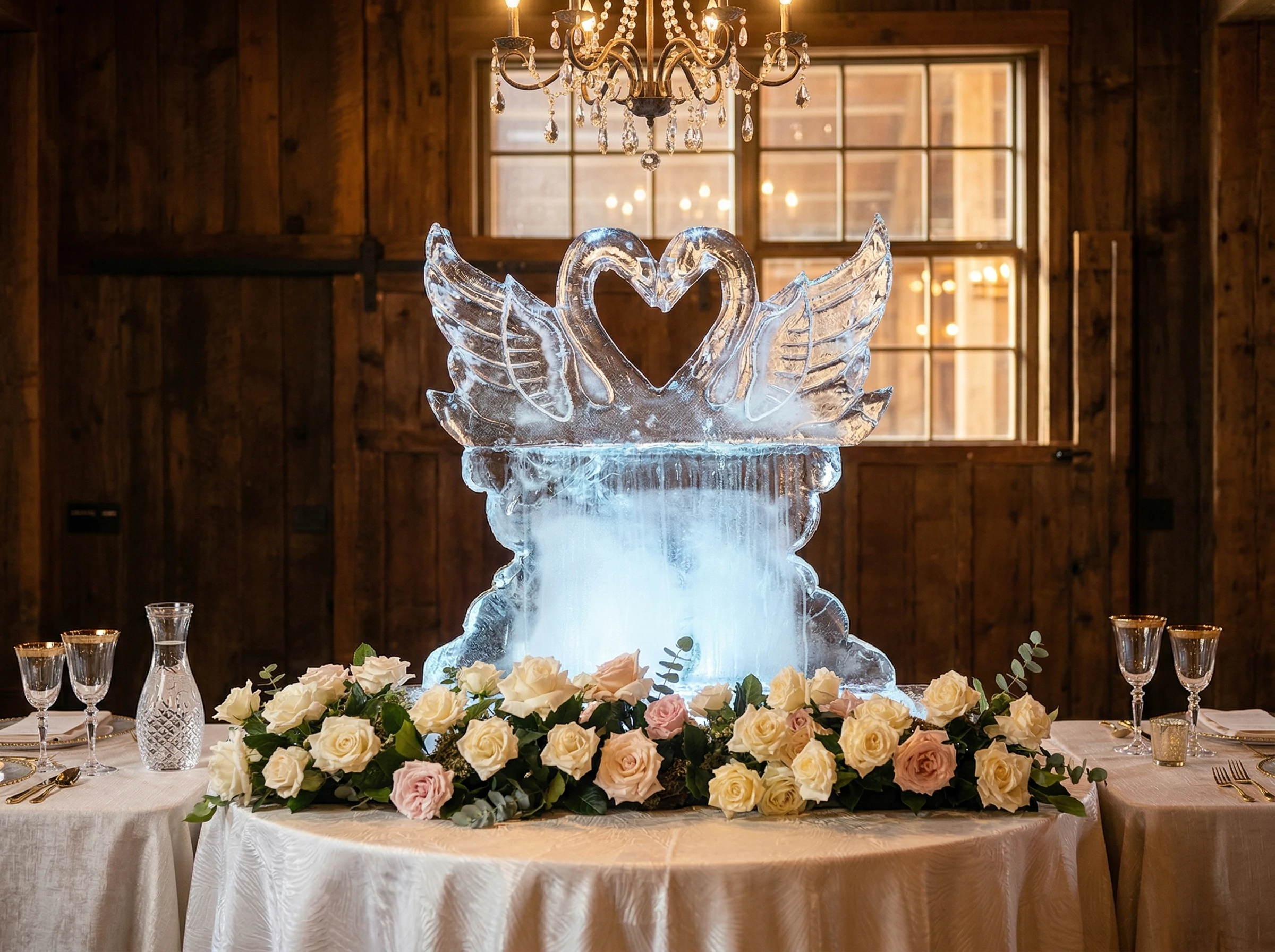 Elegant swan ice sculpture at a luxury event