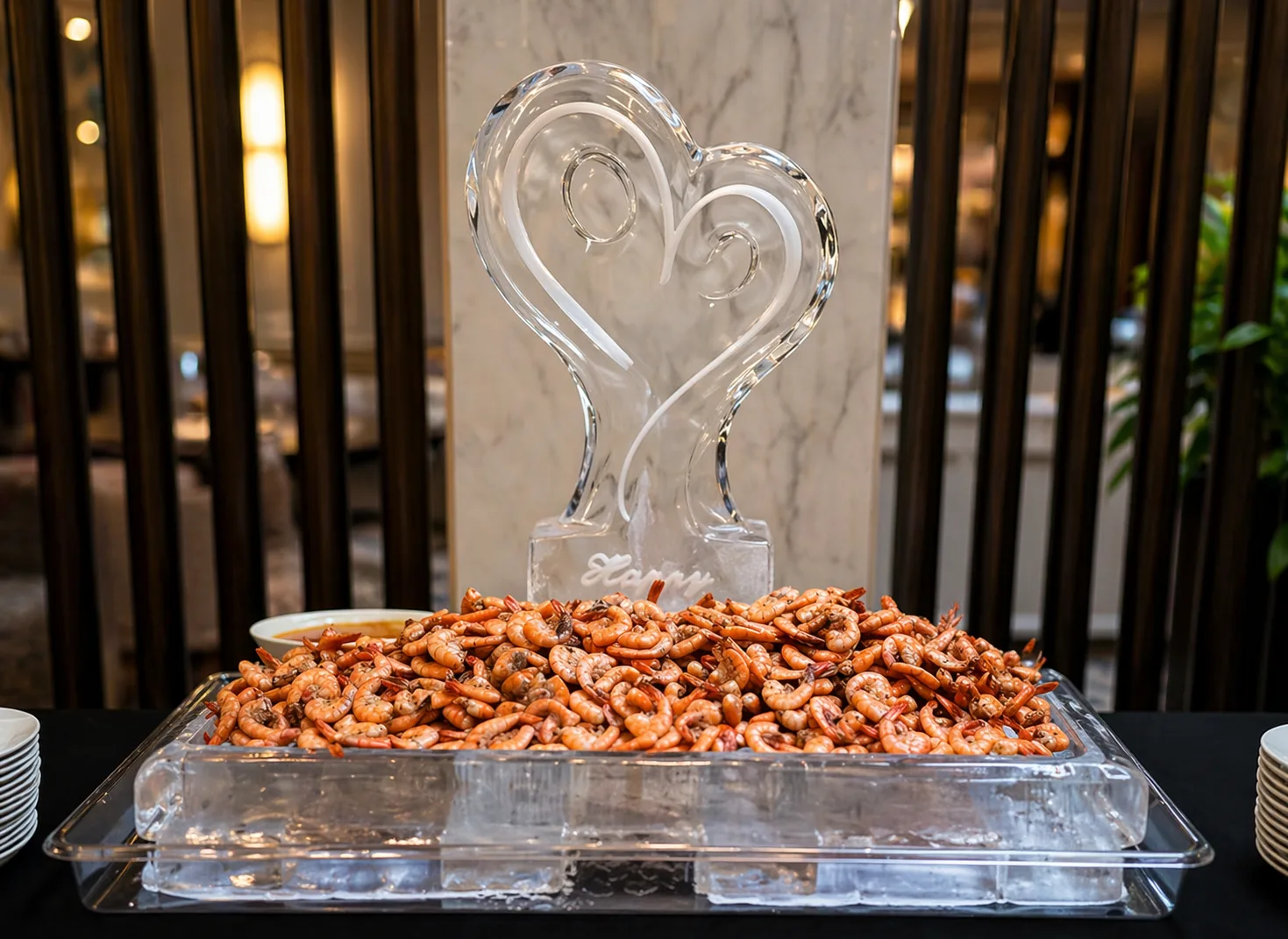 A seafood display arranged on a custom ice tray for an elegant wedding or celebration.
