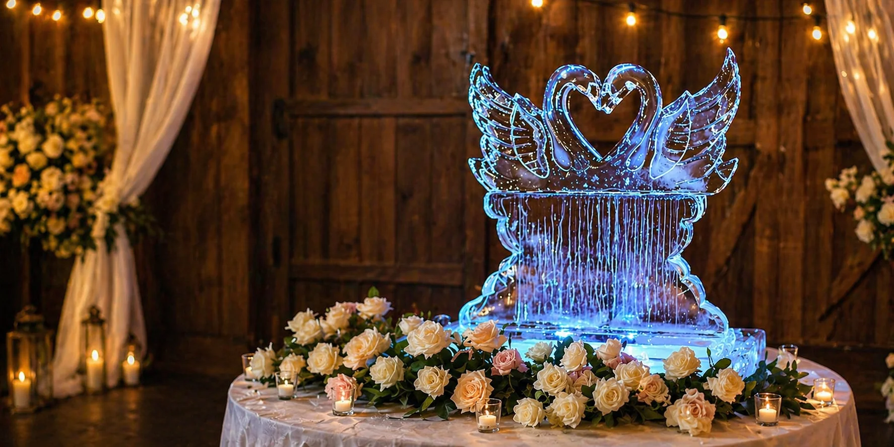 Double swan ice sculpture displayed in a romantic wedding reception setting.