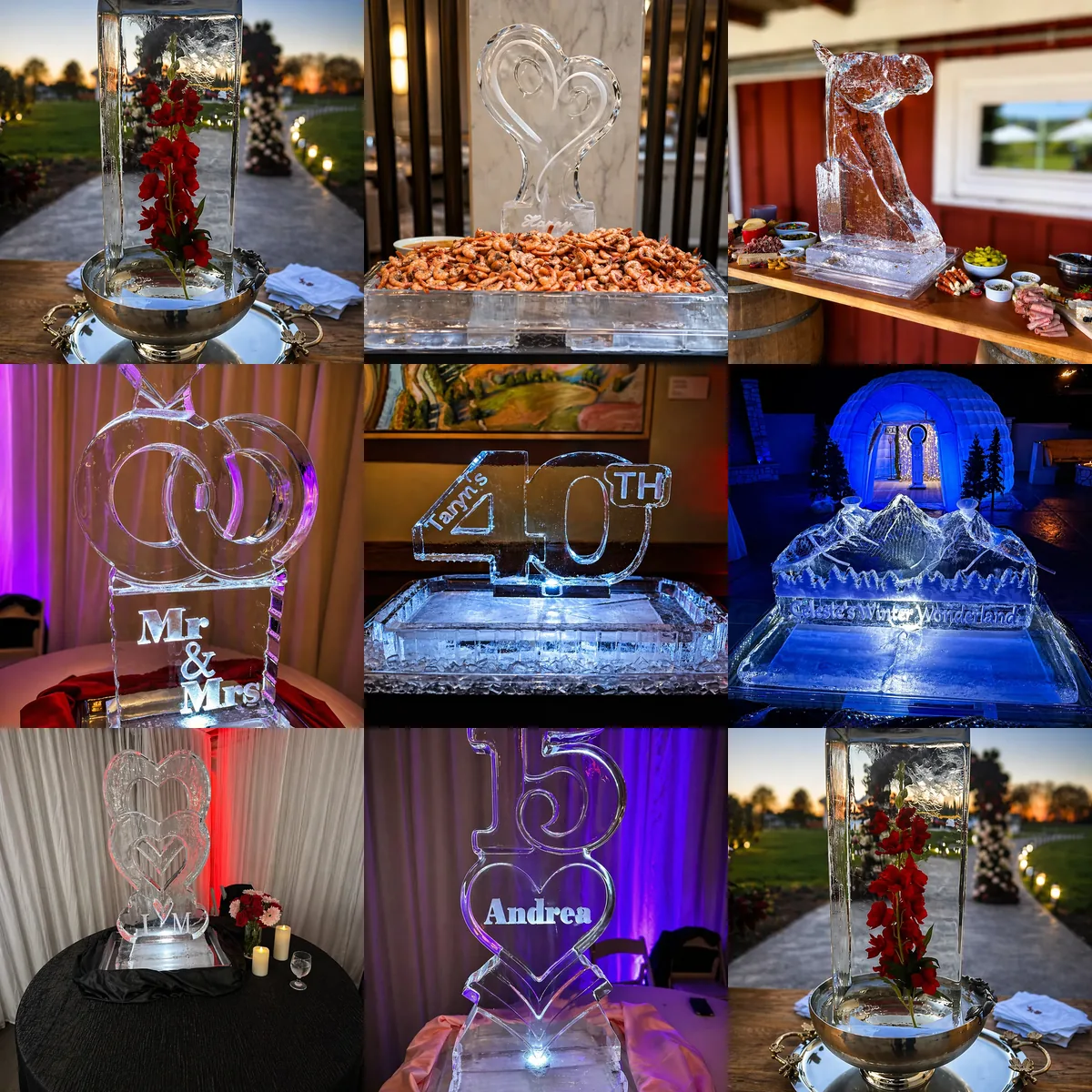 A borderless mosaic of nine Montaire ice creations selected from the Wedding Ice Sculptures gallery.